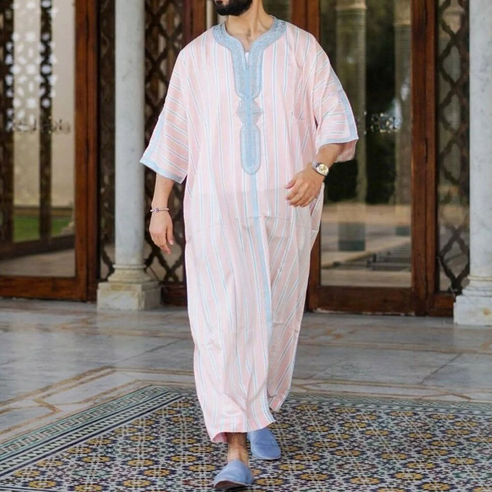 

Male Casual Striped Printed Robe V Neck Middle Sleeve Split Hem Blouse Elegant Robe Solid Fashion Arab Men's Blouse Muslim Robe