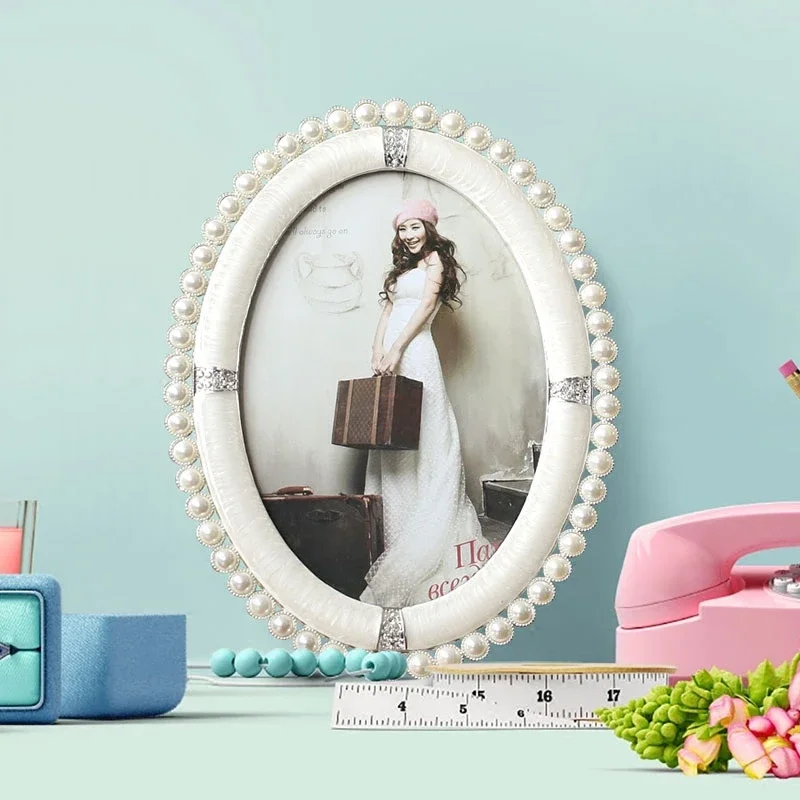 European Vintage Oval Shiny Silver With Pearl White Enameled and Clear Rhinestones Jeweled 4x6,5x7,8x10 inches Metal Photo Frame
