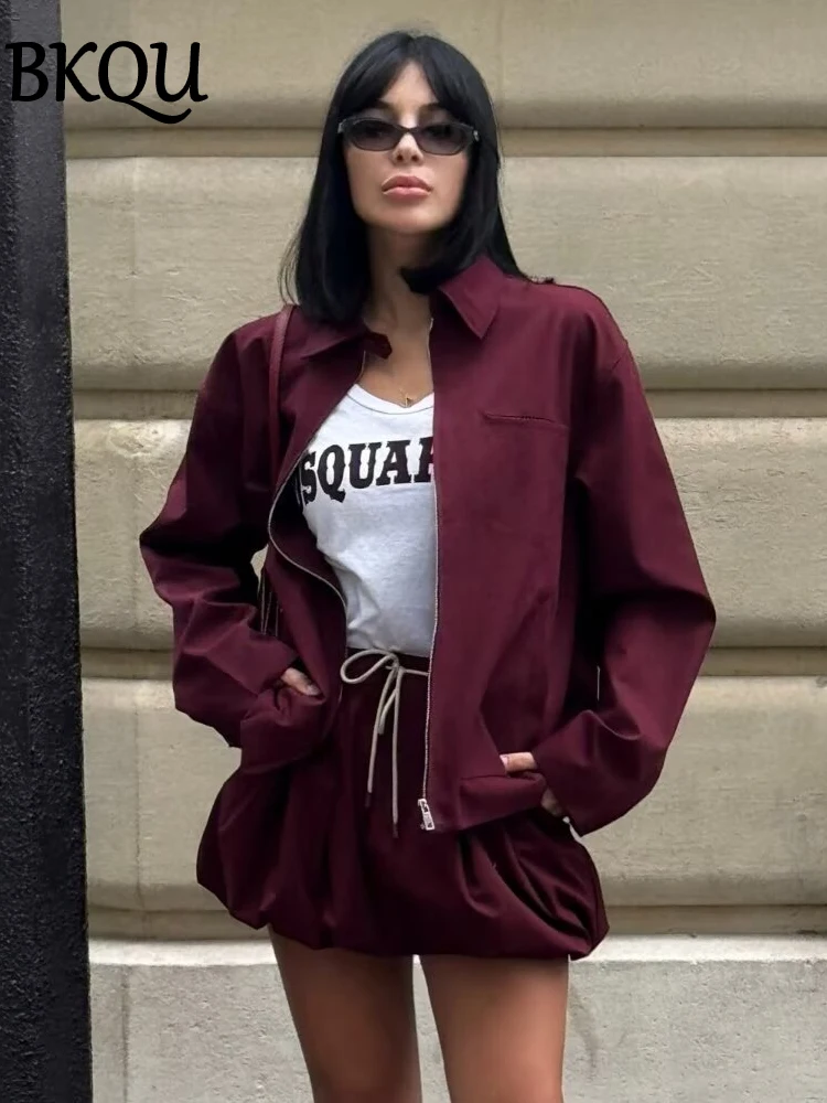 BKQU Fashion Two Piece Sets Women Long Sleeves Zipper Jackets and Tied Lantern Mini Skirt Wine Red Casual Street 2 Piece Outfits