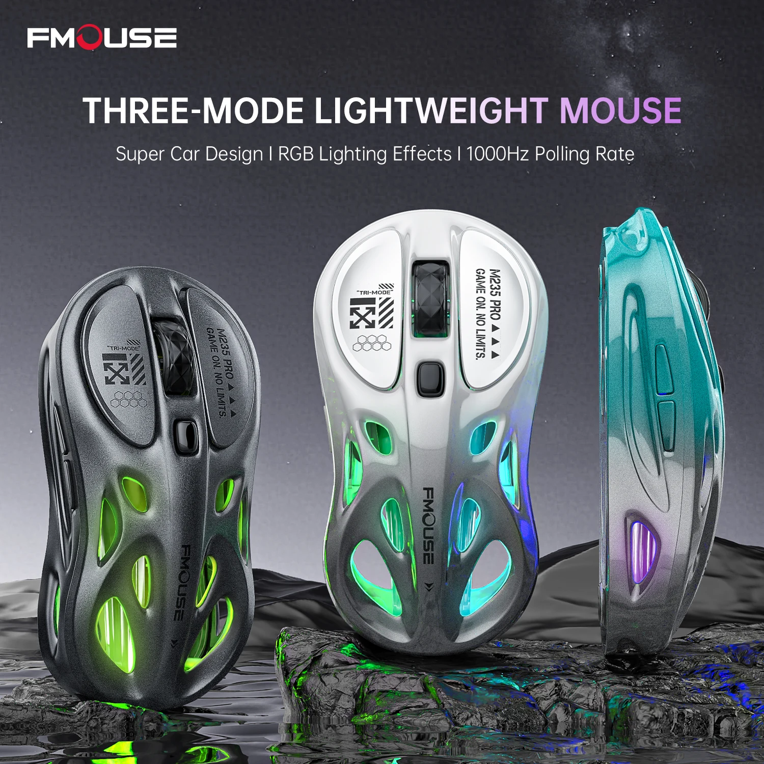 

FMOUSE M235Pro wireless Bluetooth three-mode lightweight mouse hollow laptop desktop e-sports game office RGB lighting effect