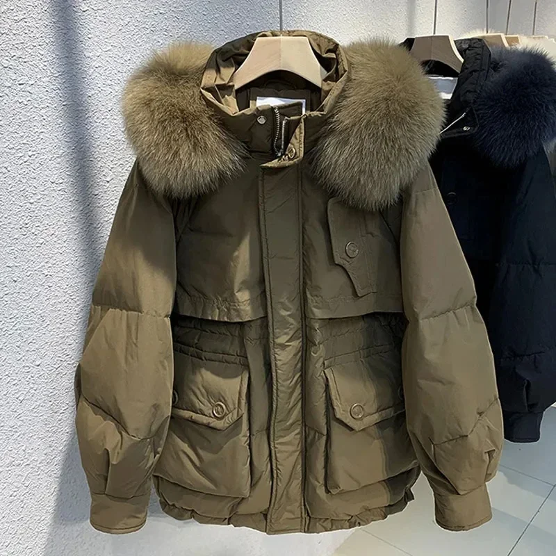 本物のアライグマの毛皮の襟付きダウンジャケット レディース 2025 冬 ファッション ゆったり 厚手 ホワイトダックダウンコート 女性用 暖かいパーカー オーバーコート