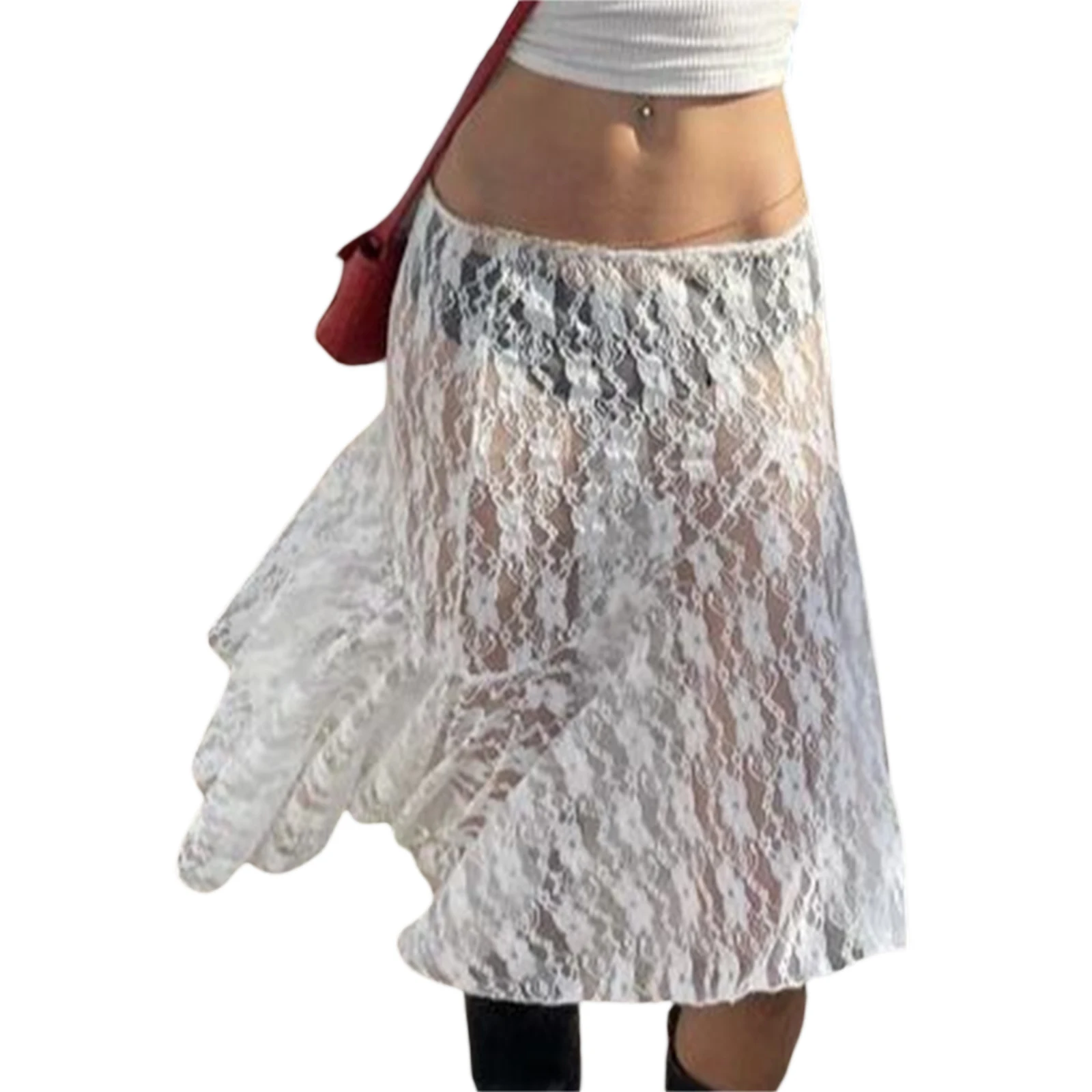 

hirigin Kawaii Lace Midi Skirts for Women Summer y2k Fairy Grunge Skirts E-Girls See-Through Wrapped Long Skirts Beachwear 2024