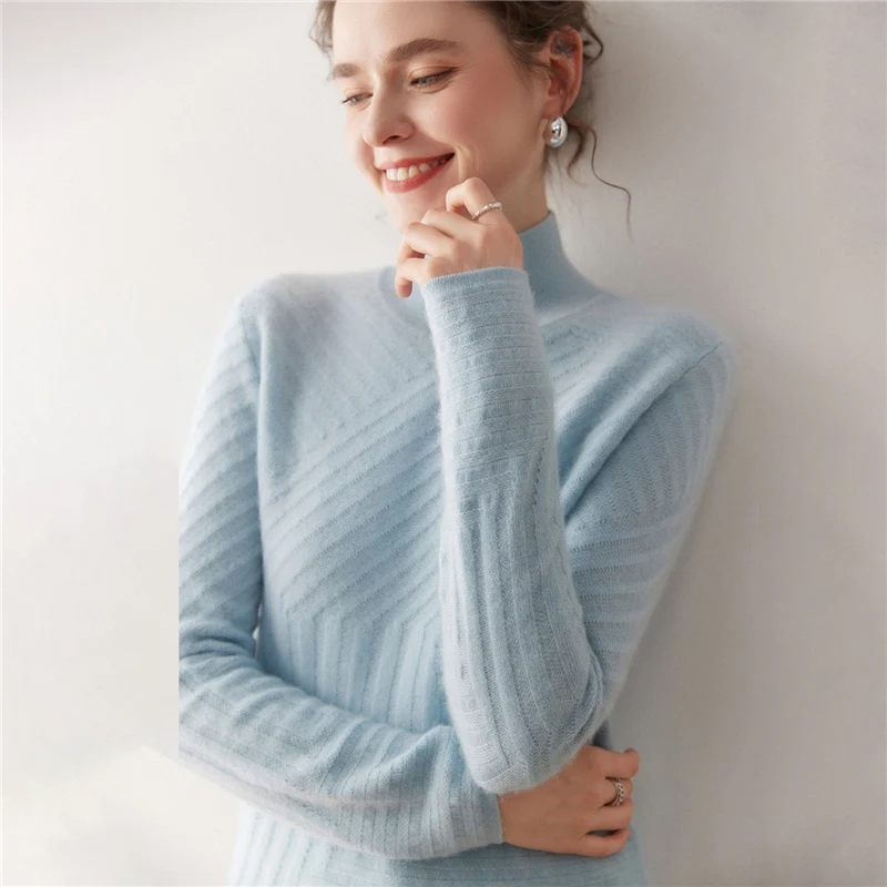 

High-end Women's 100% Goat Cashmere Sweater Mock-neck Pullover Striped Knitting Cashmere Knitwear Spring Autumn Winter Chic Tops