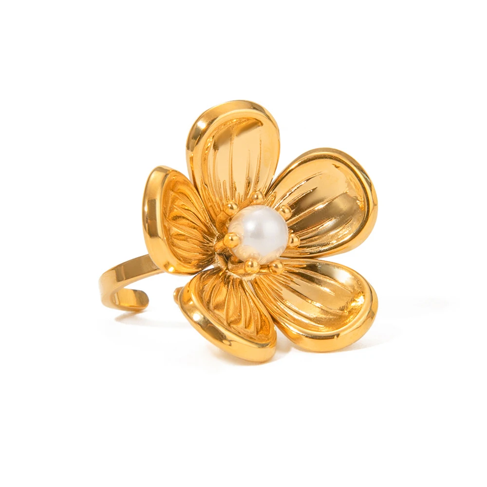 Minimalist 18k Gold Plated Light Cozy Flower Shape Sticky Plastic Pearl Open Ring ​​Women Stainless Steel Statement Jewelry