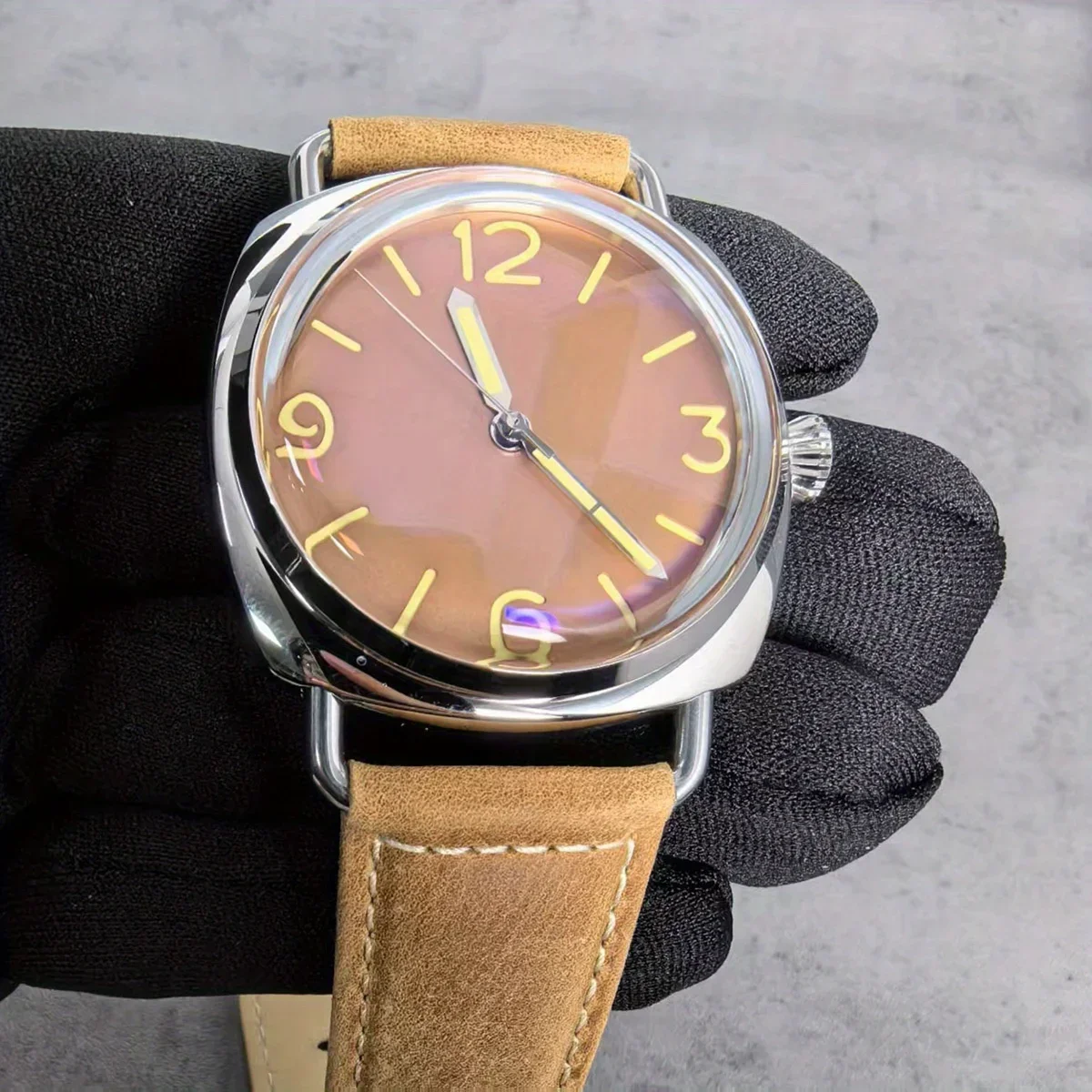 機械式メンズレトロ腕時計 NH35 自動巻きムーブメントアクリルガラスクラシックブラウンストラップステンレススチール腕時計