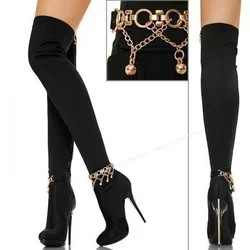 Black Chain Over Knee High Boots Thin High Heel Pointed Toe Fashion Sexy Cool Winter Big Size 2025 Woman Shoes Zapatillas Mujer