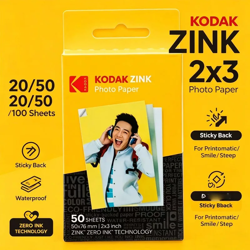 Papier photo Kodak Premium Zink 2"x3" (20, 40, 60, 80, 100 feuilles) compatible avec Kodak Smile, Kodak Step, PRINTOMATIC