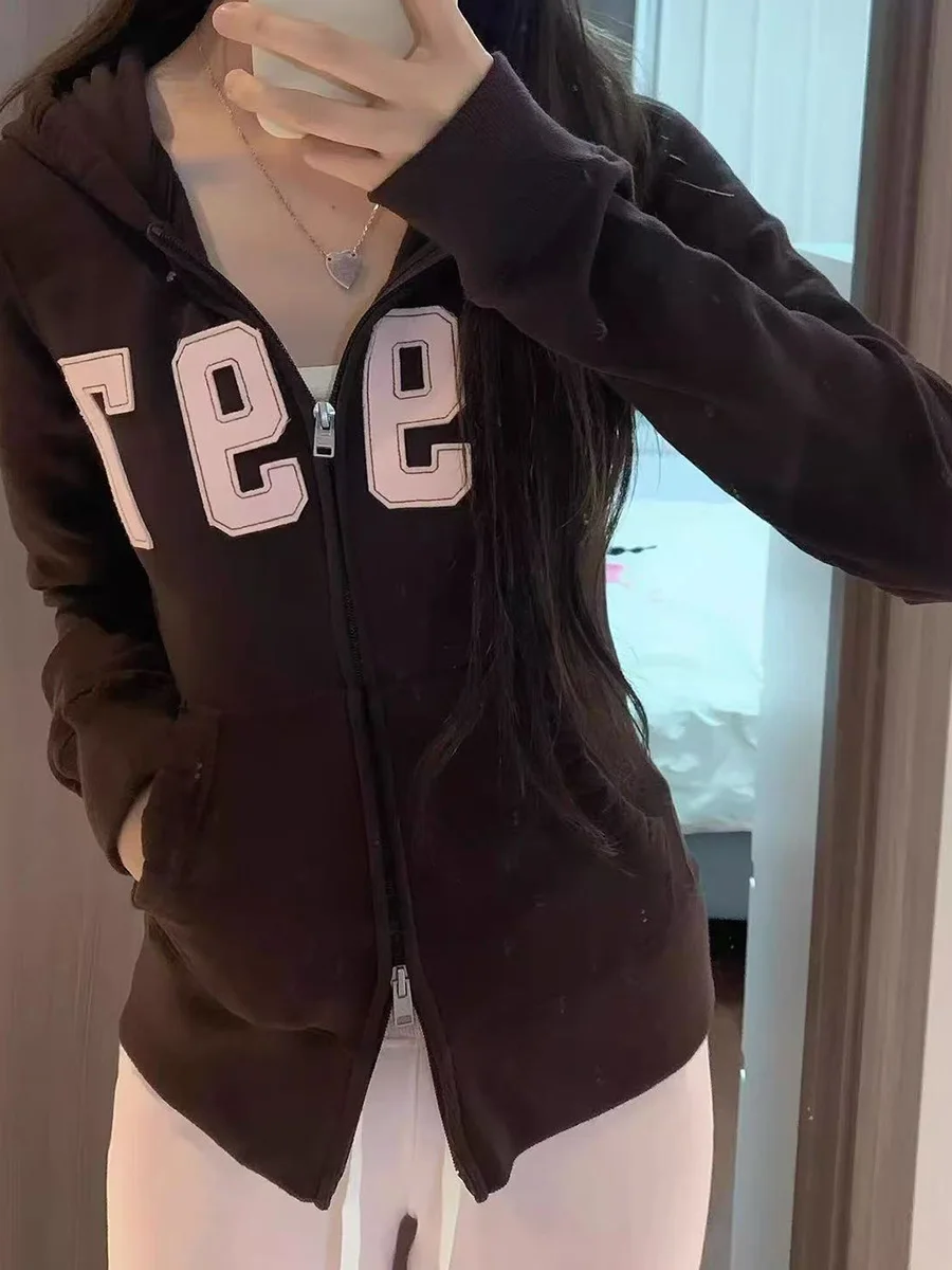 1977 رسالة التطريز سليم الرمز البريدي هوديس المرأة الخريف سحاب أكمام طويلة بلوزات الحلو خمر ملابس خارجية رياضية غير رسمية