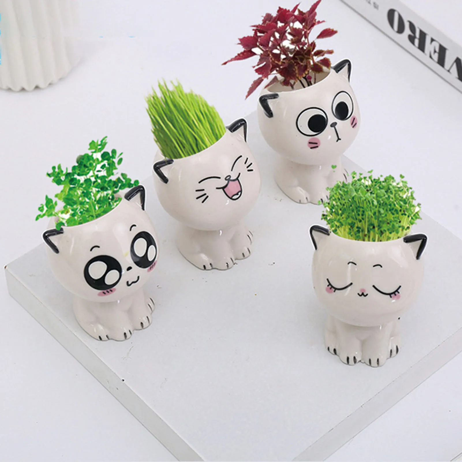 Cat Shaped Ceramic Flowerpot Cactus Flower Pots Desk Decorate Small Ornament Ideal Gift for Christmas Birthdays