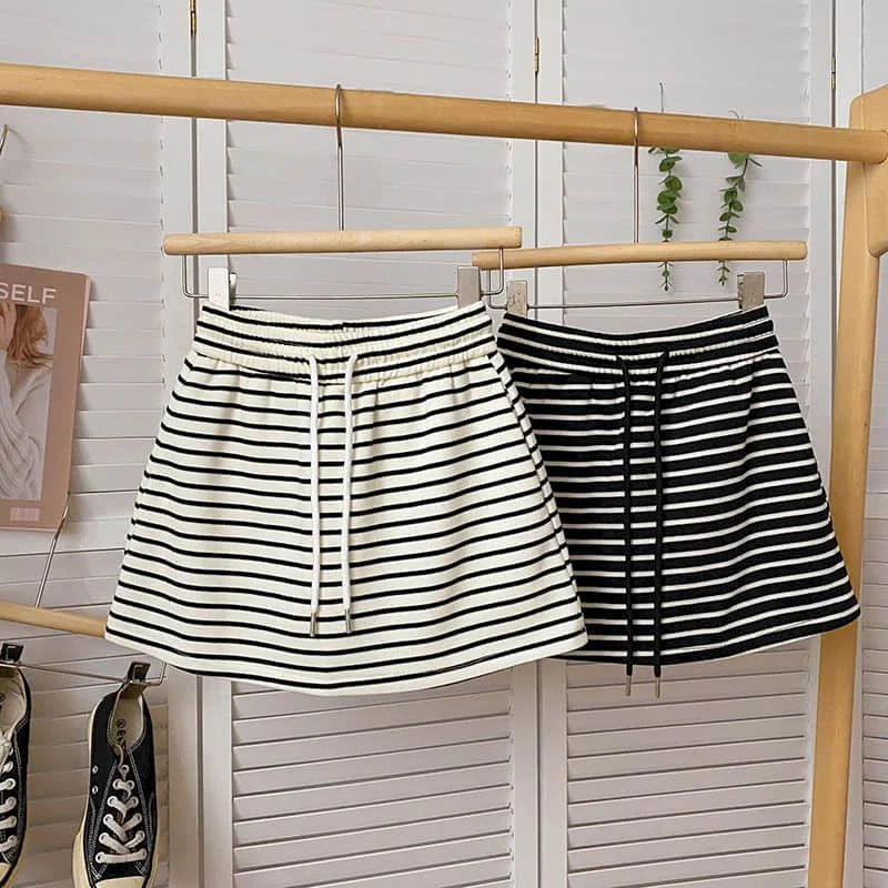 Striped Shorts Women Casual Skirts Safari Style Drawstring Elastic Waisted A-line Culottes Vintage Streetwear Women Clothing