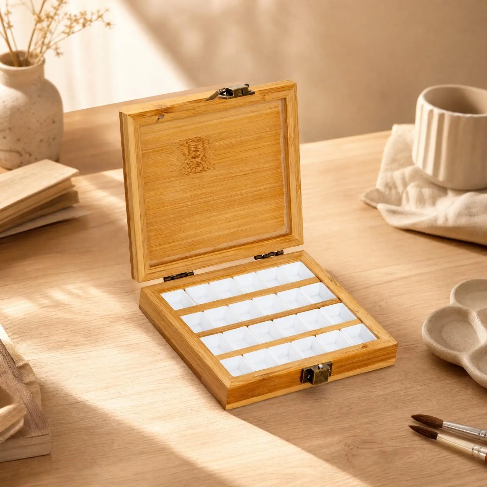 Wooden Nail Art Paint Palette Box with Hinged Lid and Compartment Tray for Watercolor Pigments Portable Craft Storage Organizer - view 5