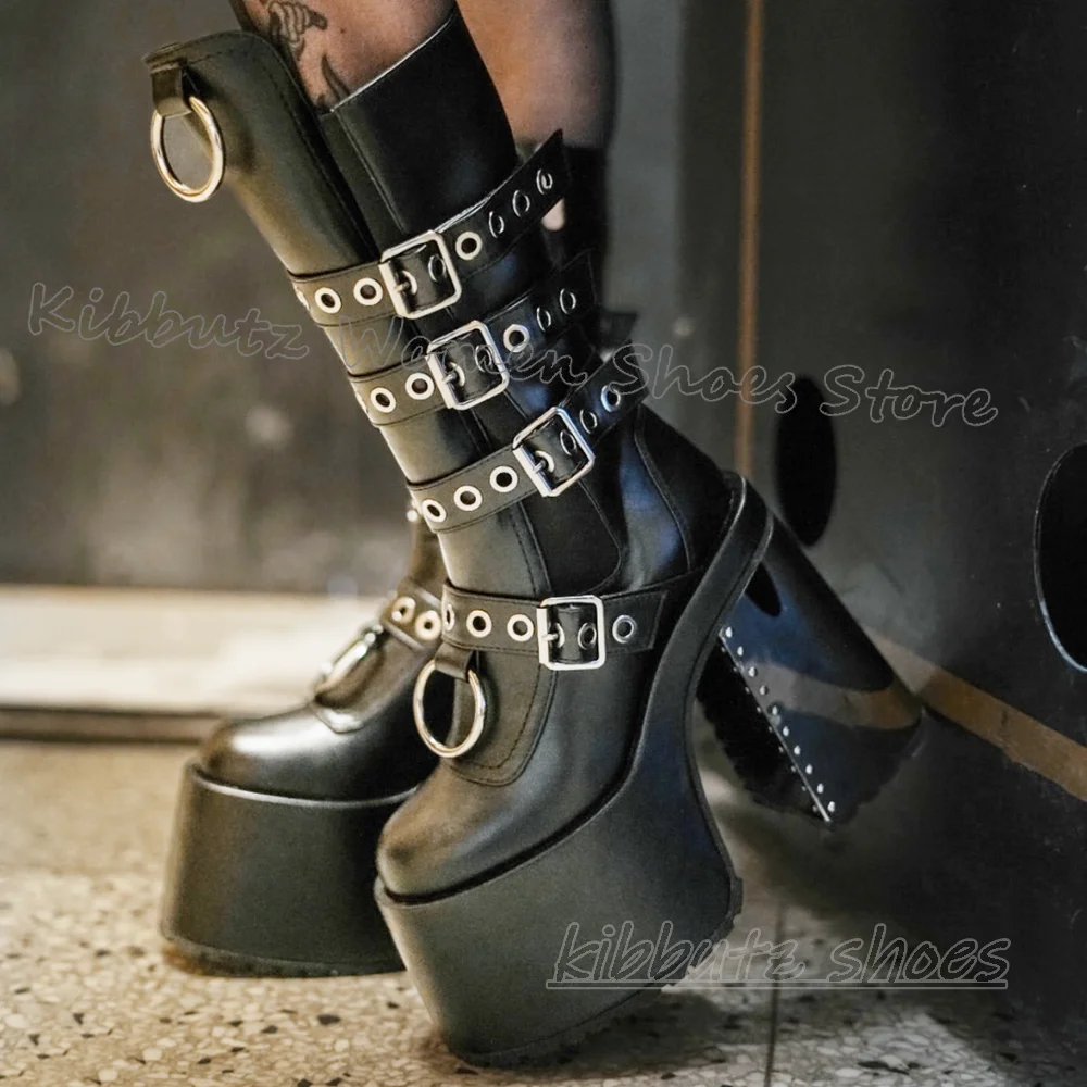 

Rivets Gothic Boots Knee High Platform Punk Rock Fashion Luxury Elegant Concise Solid Color Round Toe Chunky Heels Women Shoes