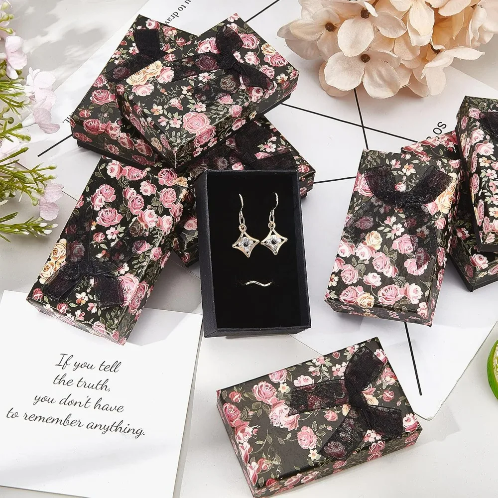 20 Pcs Cardboard Jewelry Box 2 Slot Flower Pattern Jewelry Case with Ribbon Bowknot and Black Sponge for Rings Earrings