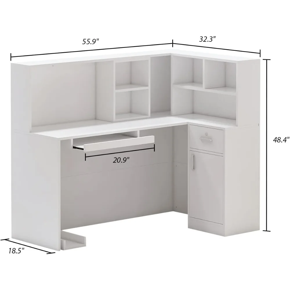 Офисный стол Г-образной формы со стойкой, 1-дверный шкаф для хранения, 1-дверный ящик с запирающимся ящиком, ящиком и подставкой для клавиатуры, белый