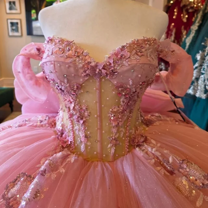 

Shiny Pink Quinceanera Dress off-shoulder Lace crystal glitter decal Long tail Bow vestidos de 15 Quinceanera ﻿Customize