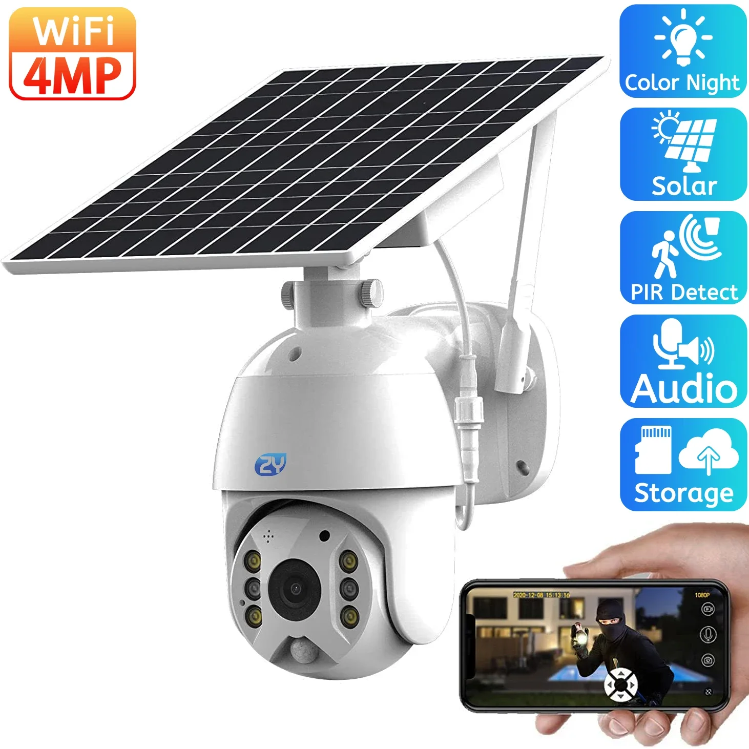 4MP Solar PTZ Wifi Camera Outdoor 8W Solar Panel Color Night Vision Wireless IP Camera Built-in Battery CCTV Security Cameras