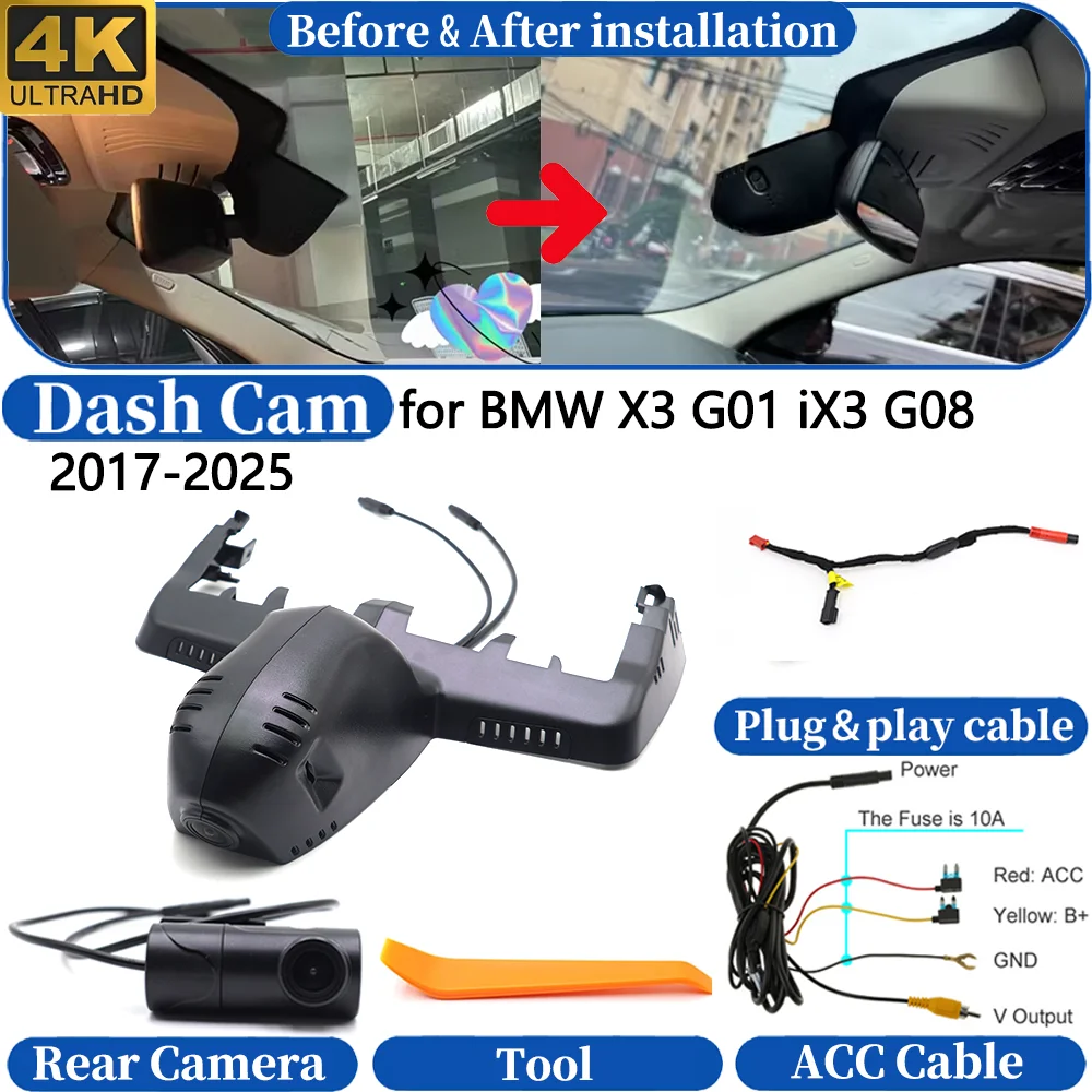 Dashcam für BMW X3 G01 iX3 G08 2017-2025 Vorne & Hinten 4K UHD DVR Armaturenbrett-Kamera Video-Fahrtenschreiber Plug & Play