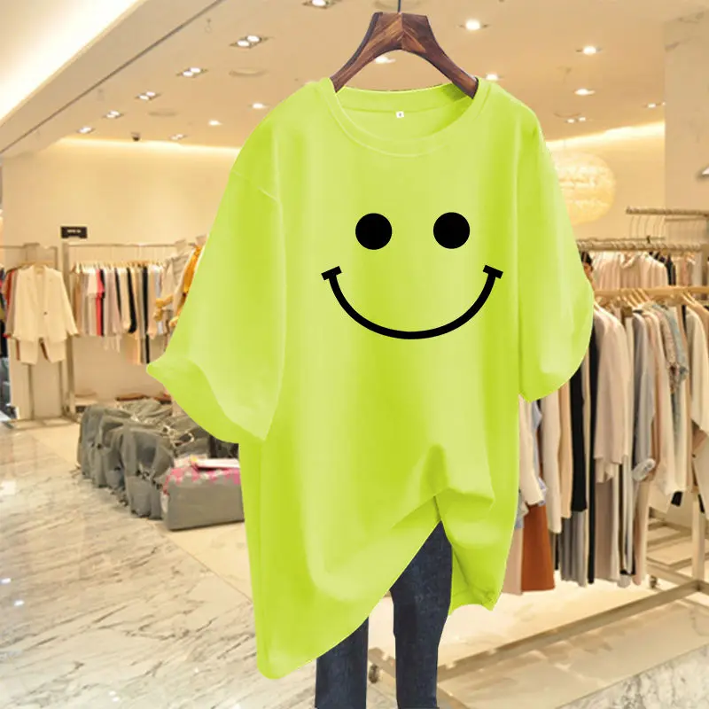 Women Clothing Fashion Smiling Face Print Basic T-shirts Summer Casual Loose Cotton Short Sleeve Top Tee Oversized Y2k Pullovers