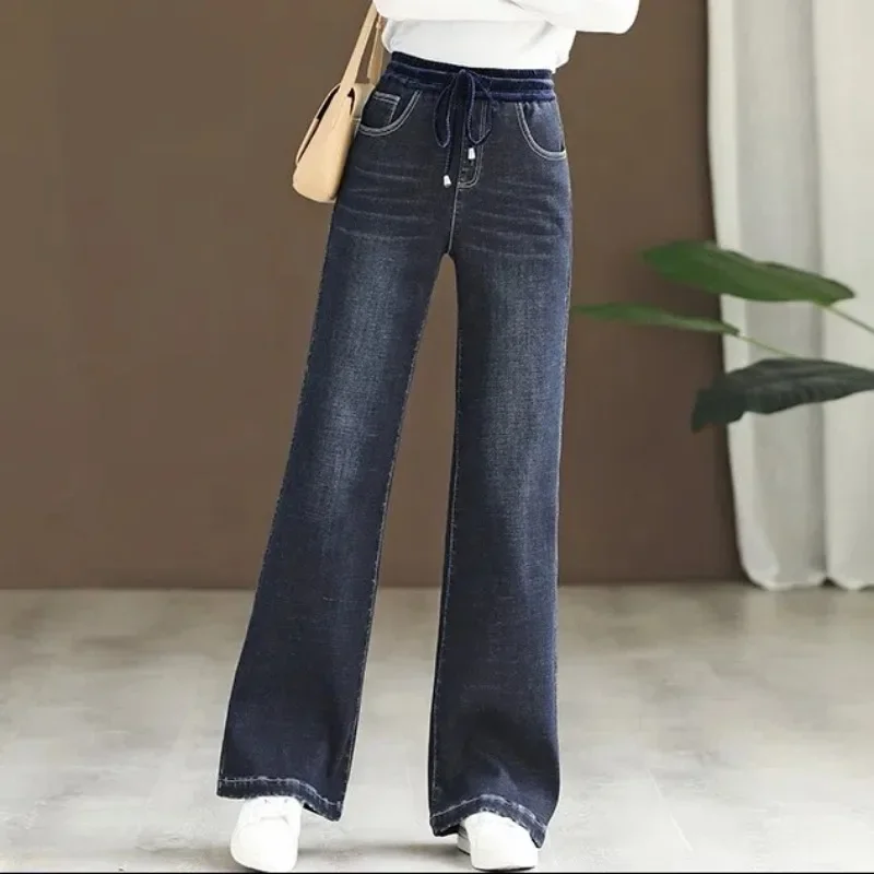 Calça Jeans larga vintage de cintura alta feminina, branqueada, com renda acima, estiramento, largo, grande, mãe, calças jeans, moda, 34