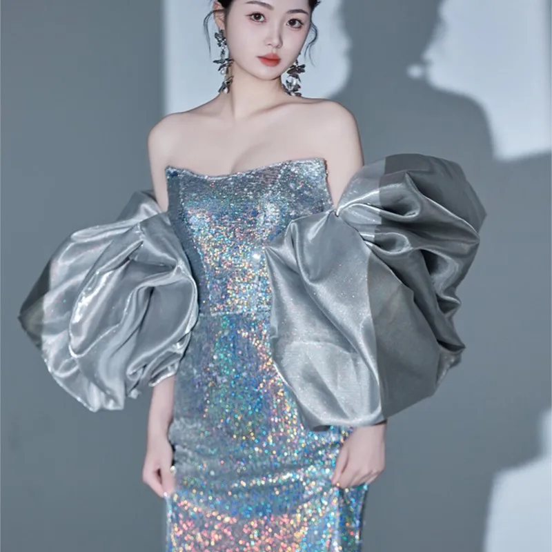 Fishtail dress light luxury niche will host birthday party vocal art test performance