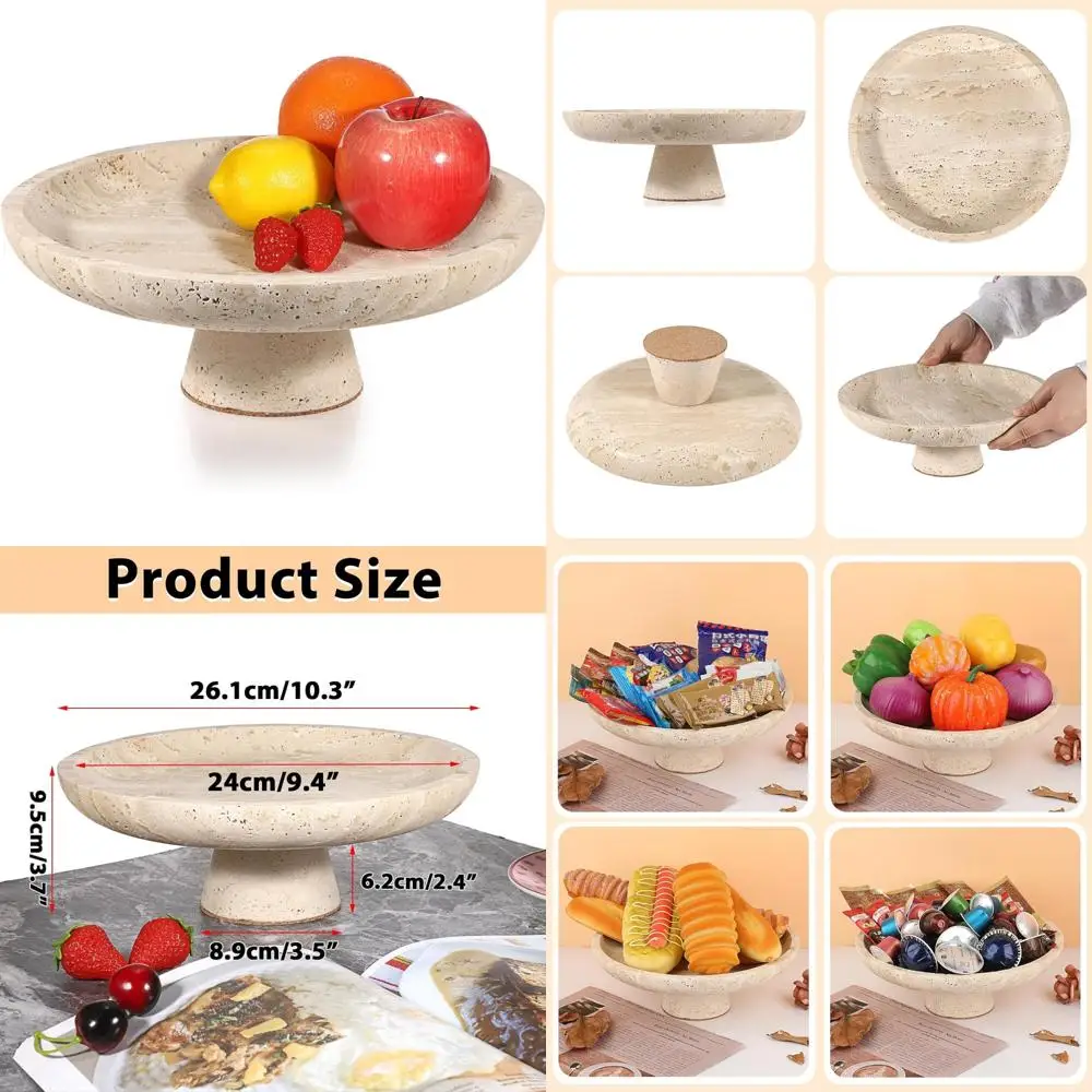 

Большая 10-дюймовая миска для фруктов из натурального травертина, декоративная каменная миска для кухонной столешницы, идеально подходит для кухонного декора и сервировки F