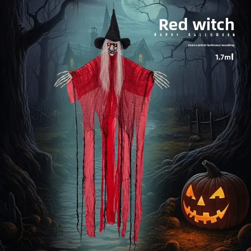 Halloween Decorations Hanging Witch with Motion Sensor Sound and Light Scary Red Dressed Witch Hanging Ghost for Spooky Party