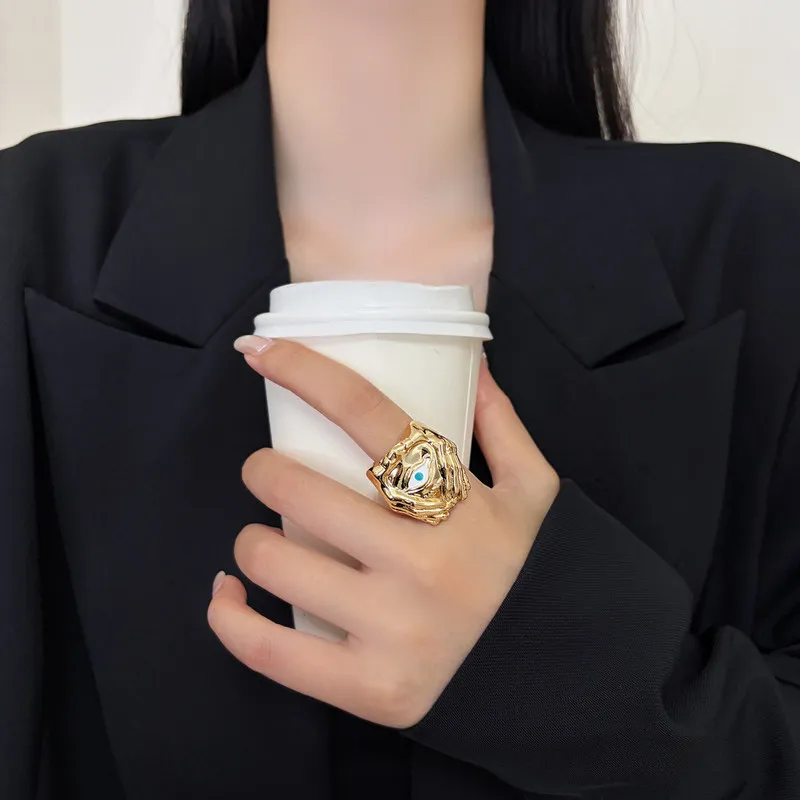 Abstract Hand Wrap Evil Eye Statement Ring Gold Tone Irregular Textured Wide Band Ring For Women Daily Wear