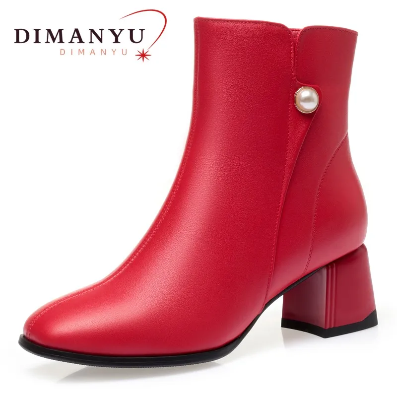 

DIMANYU Boots Women Fashion Shoes Wool Warm Winter Genuine Leather Dress Booties Women Mid Heel Wedding Boots Women