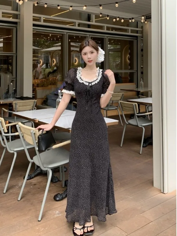 

plus Size Women's Summer Slimming Polka Dot Square Ne Dr High Waist A-Line Skirt Sli Korean Sle Commute Wind Dr