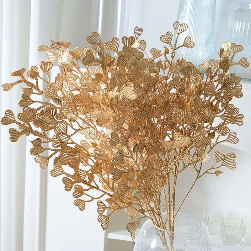 Golden Artificial Plants Heart-Shaped Leaf Flower Arrangements Valentine’s Day Bouquet Gifts Wedding Decoration Home Decor