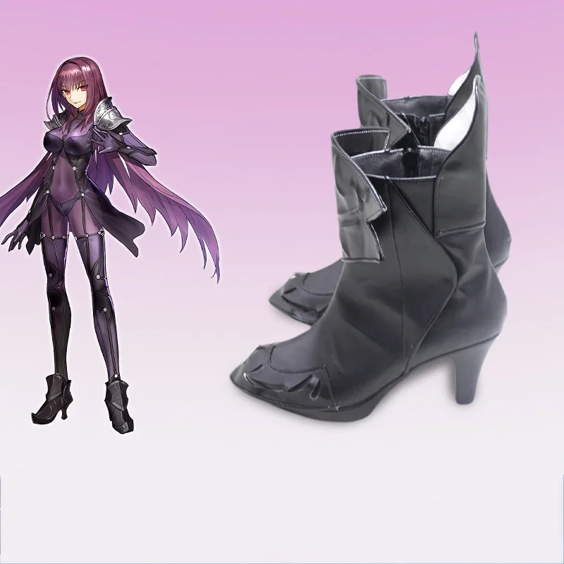 Jogo fgo scathach cosplay sapatos preto salto alto sapatos de couro do plutônio botas de carnaval de halloween feito sob encomenda