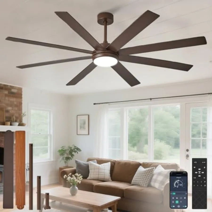 

66 Ceiling Fans with Lights: Large Indoor/Outdoor Ceiling Fan for Patios Living Room - 8 Blades Brown Dimmable Ceiling Fans wit