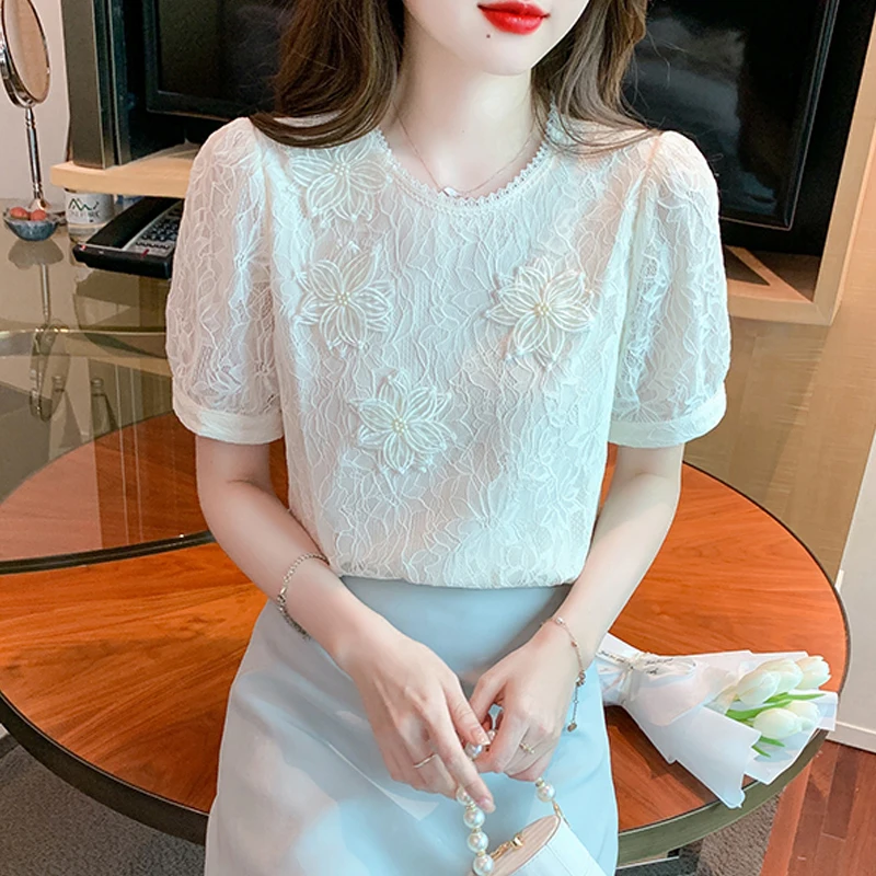 Fashion New Summer Short Sleeve O-Neck Women Blouse Casual Lace Blouse Shirt Women Tops Blusas Mujer De Moda 2024 Verano J771