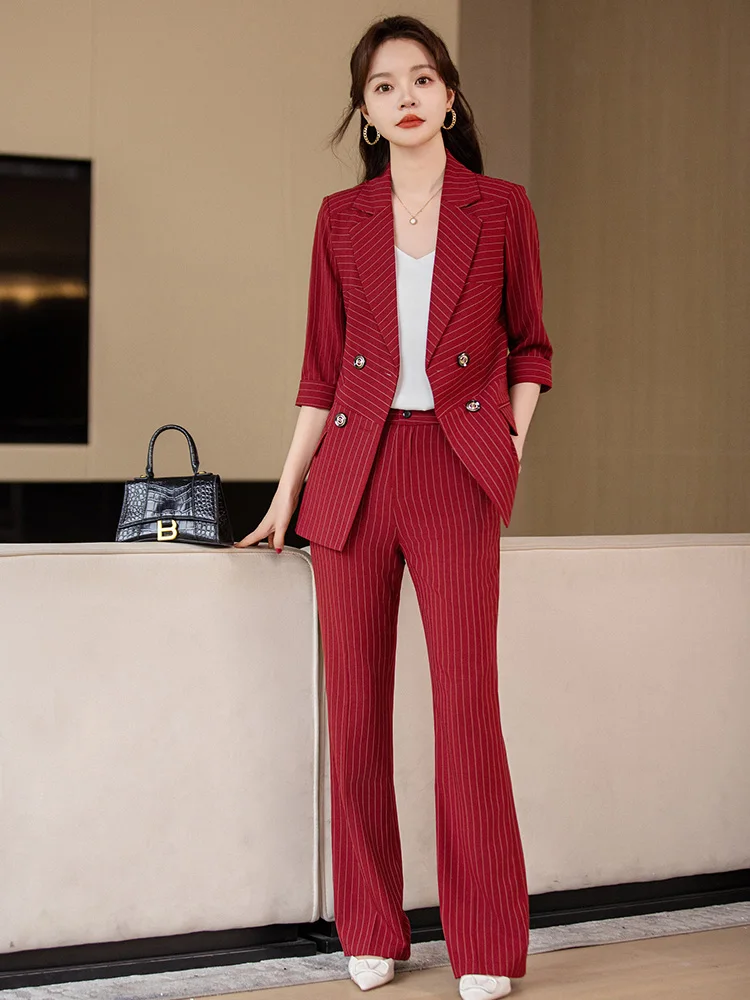 Office Ladies Pant Suit Women Black Brown Red Plaid Female Business Work Wear Jacket Blazer and Trouser Formal 2 Piece Set