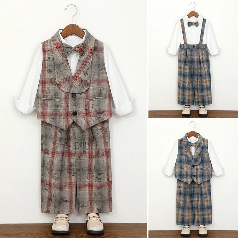 

Boys' Retro Distressed Ombre Plaid Vest Set Korean Style Children's Hosting Performance Costume Flower Boy 1st Birthday Outfit
