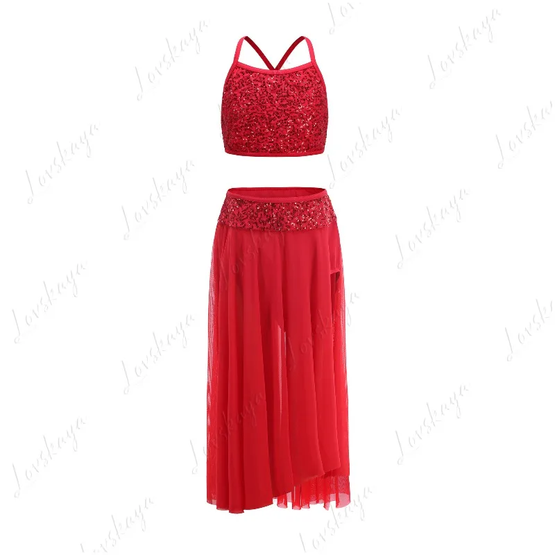 New Kids Girls Spaghetti Strap Long Lyrical Dance Dress Modern Contemporary Dancewear For Training Stage Show & Pageant