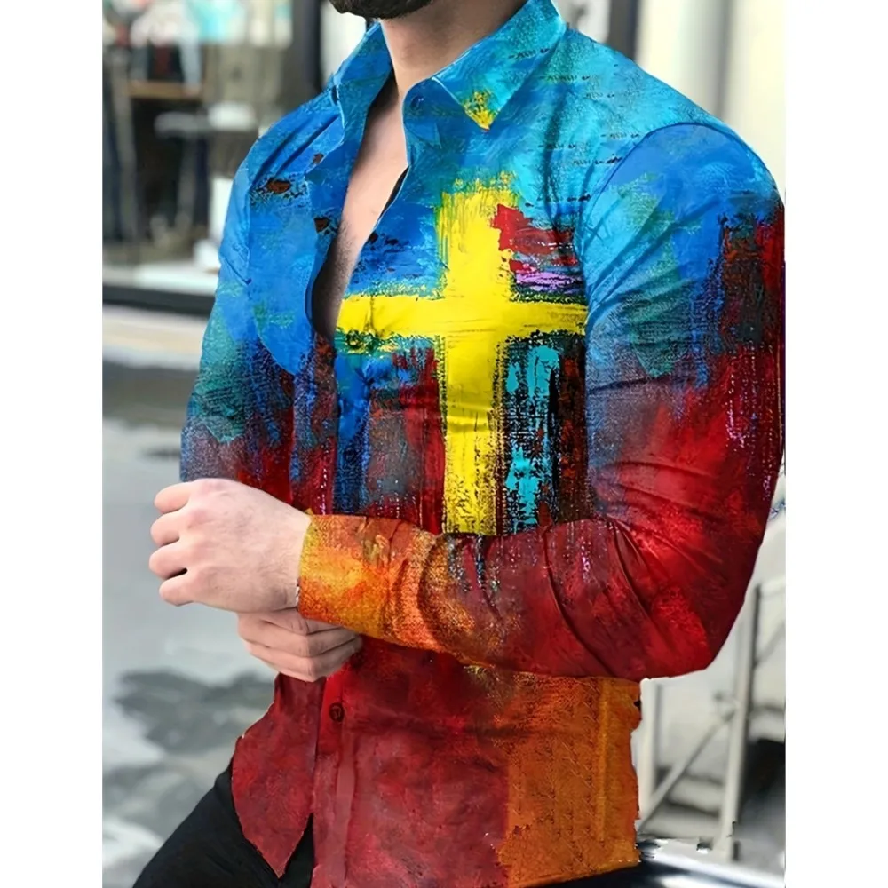 

Новая модная мужская весенняя рубашка с длинными рукавами, повседневная однобортная рубашка с лацканами, мужская рубашка с 3D изысканным принтом