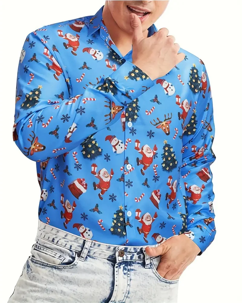 Christmas new snowman cartoon print shirt men's casual fashion single-breasted long-sleeved street shirt Christmas daily top 6XL