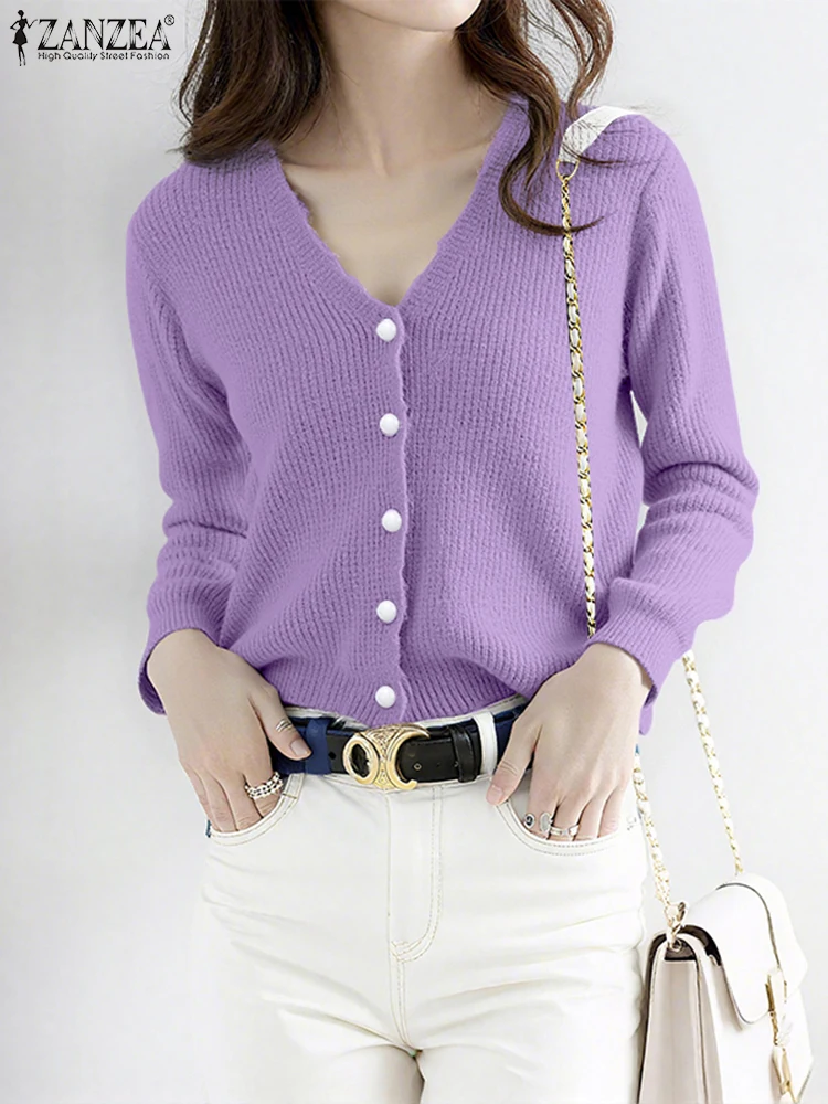 

Women V Neck Sweaters Fashion ZANZEA 2025 Autumn Knitted Cardigan Long Sleeve Solid Jumpers Casual Thin knitted Coats