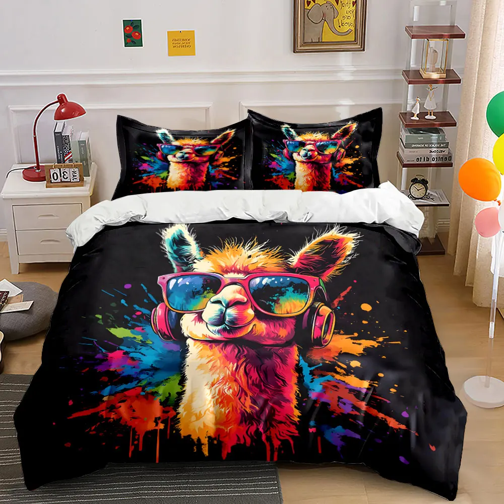 3pcs Colorful llama with glasses Print Bedding Set 1 Duvet Cover 2 Pillowcases for Adult and Children Luxury Gift Full Size