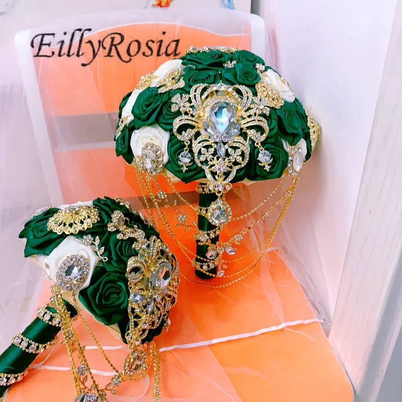 EillyRosia-Bouquet de mariage vert émeraude pour mariée et demoiselle d'honneur, bijoux Bling, broche kly Rotterdam, injRibbon en satin