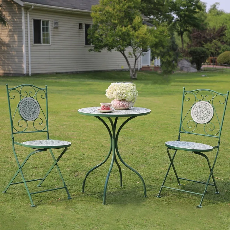 Foldable Iron Coffee Table with Chairs Space Saving Outdoor Furniture European Style White Garden Chairs Compact Patio Seat