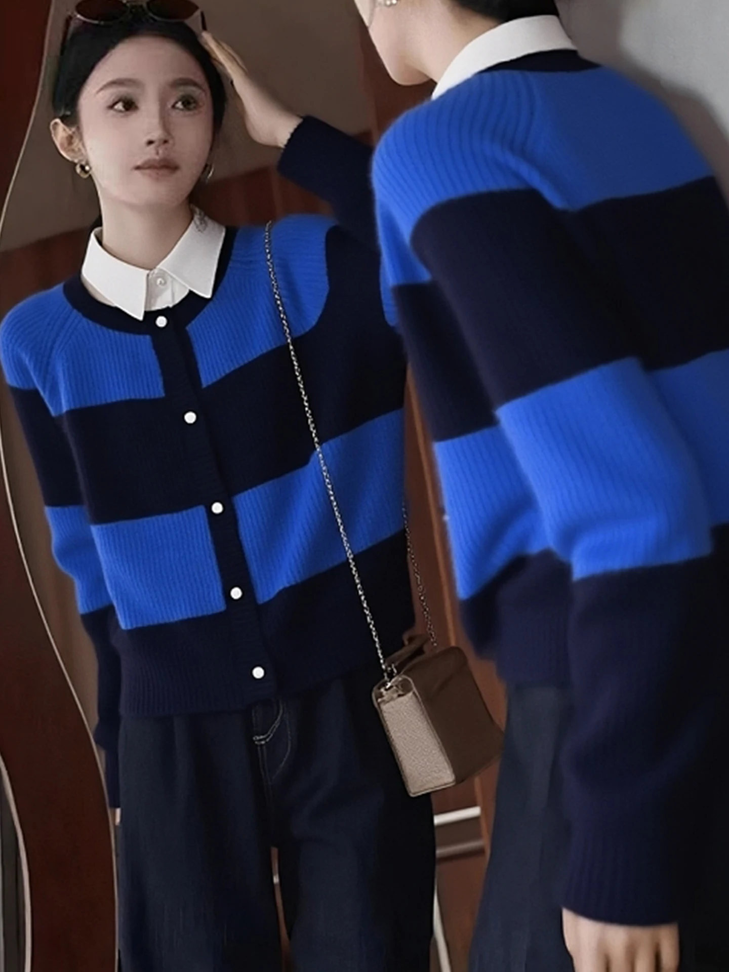 Winter Faion Long Sve Knitted Cardigan Color Blo Striped Design Camere Top Single Button Versatile Commute Sle