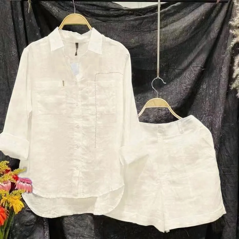 Conjunto de camisa e shorts brancos de manga comprida de 2 peças para mulheres, solto, casual, casa, moda feminina, verão, 2024