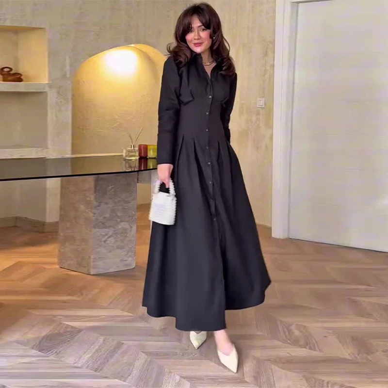 Elegante único breasted vestido longo feminino cintura fina lapela manga cheia a linha vestidos de festa 2025 verão senhora sólida férias robes