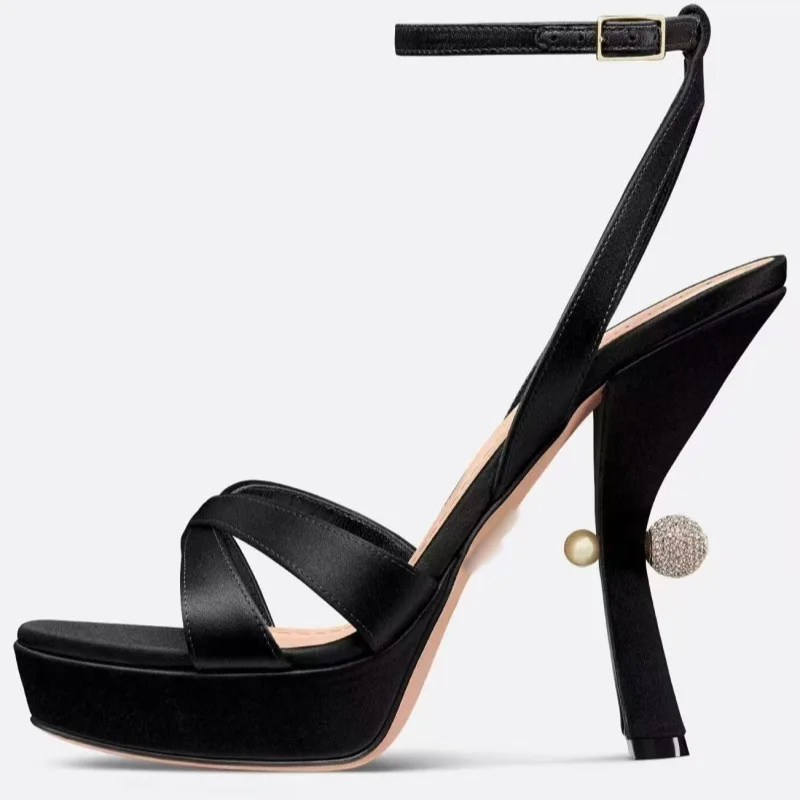 

Pearl Black Suede High-Heeled Sandals Stiletto Round-Toed Sexy Open-Toe High-Heels Straight Buckle Large-Size Women's Shoes