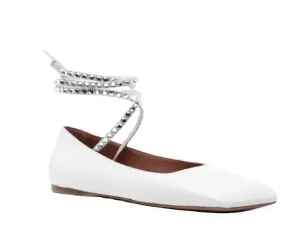 

White Black Solid Leather Ankle Wrap Rivet Square Toe Shallow Flat Ballet Shoes Women Fashion Leisure Breathanle Flats Loafers