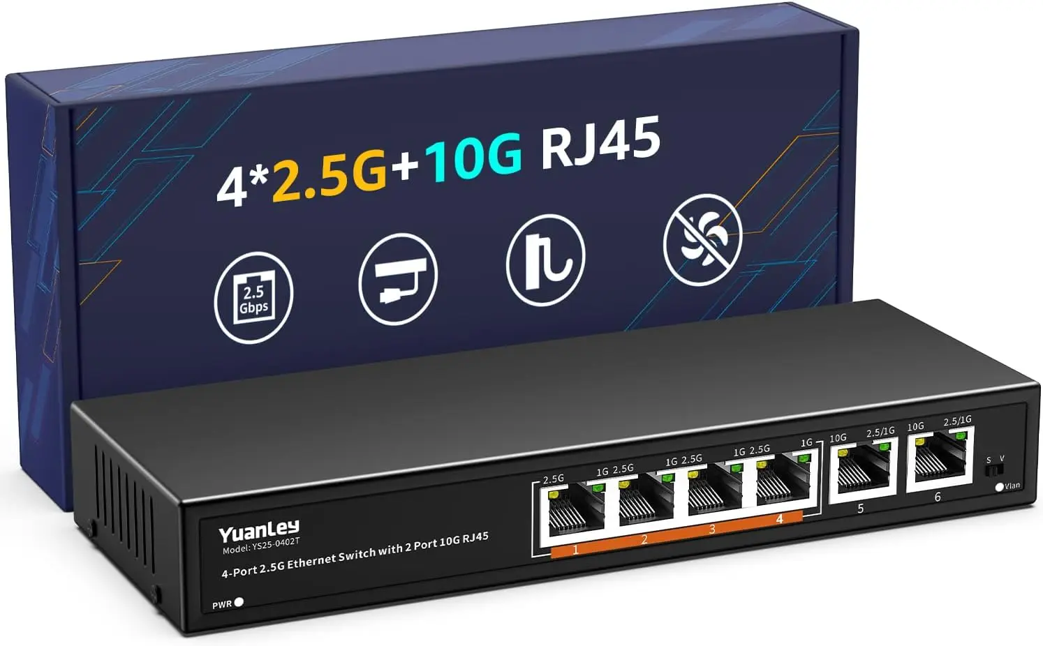 

6-Port 10Gb Ethernet Switch Unmanaged, 2x 10G RJ45 + 4x 2.5G Base-T, Plug and Play, VLAN, Wall Mount, Metal Case Fanless