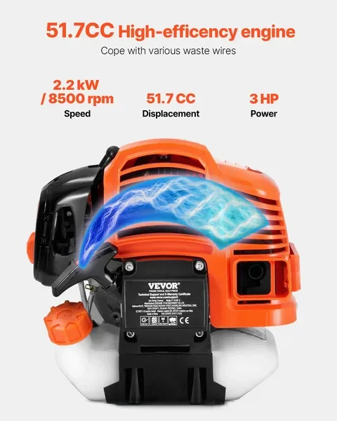 51.7ccガソリン式草刈り機、16.9フィート多機能除草機（ショルダーストラップ＆3Tブレード付き）