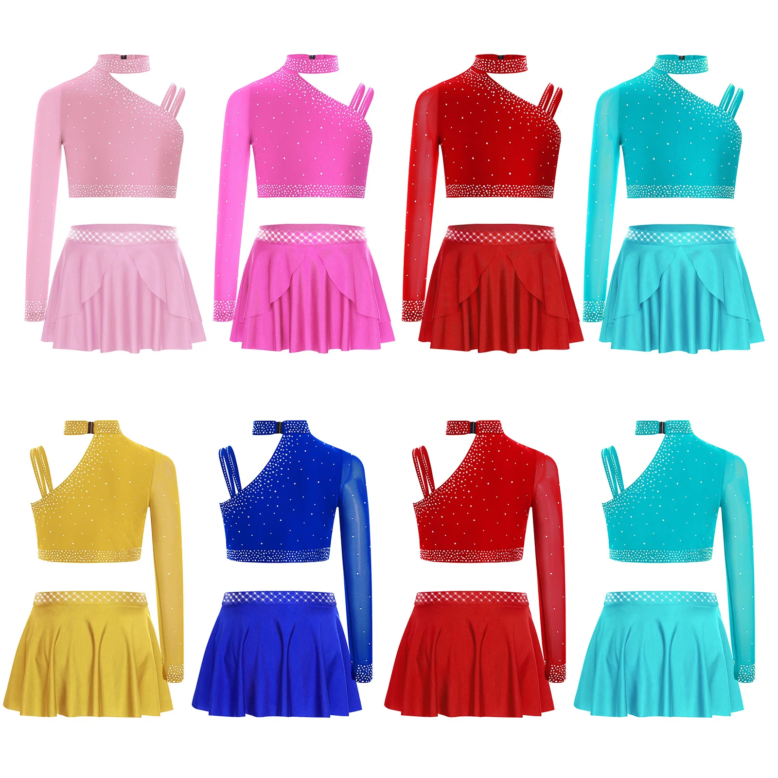 Kids Girls Lyrical Dance Costume Ballet Figure Skating Gymnastics Performance Dancewear Glittery Rhinestones Crop Top with Skirt view 3